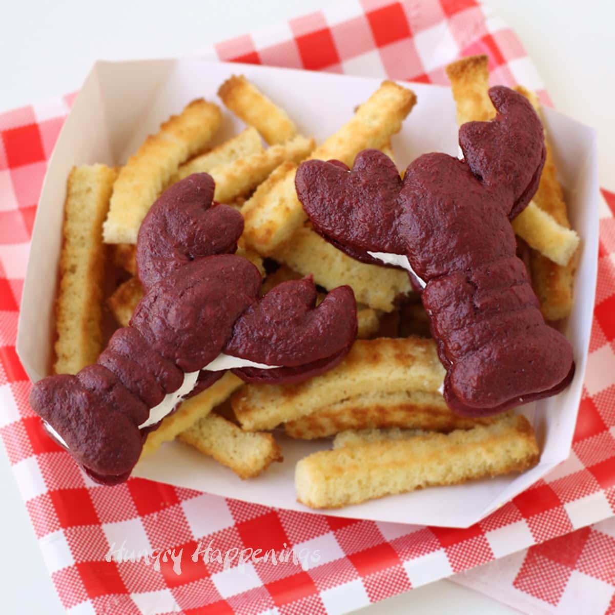 Red Velvet Whoopie Pie Lobsters with pound cake French Fries.