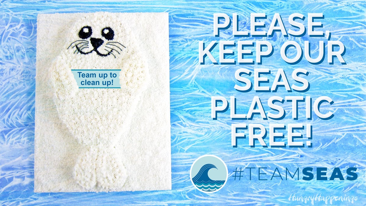 #TEAMSEAS Seal Cake image with text overlay, "please, keep our seas plastic free"