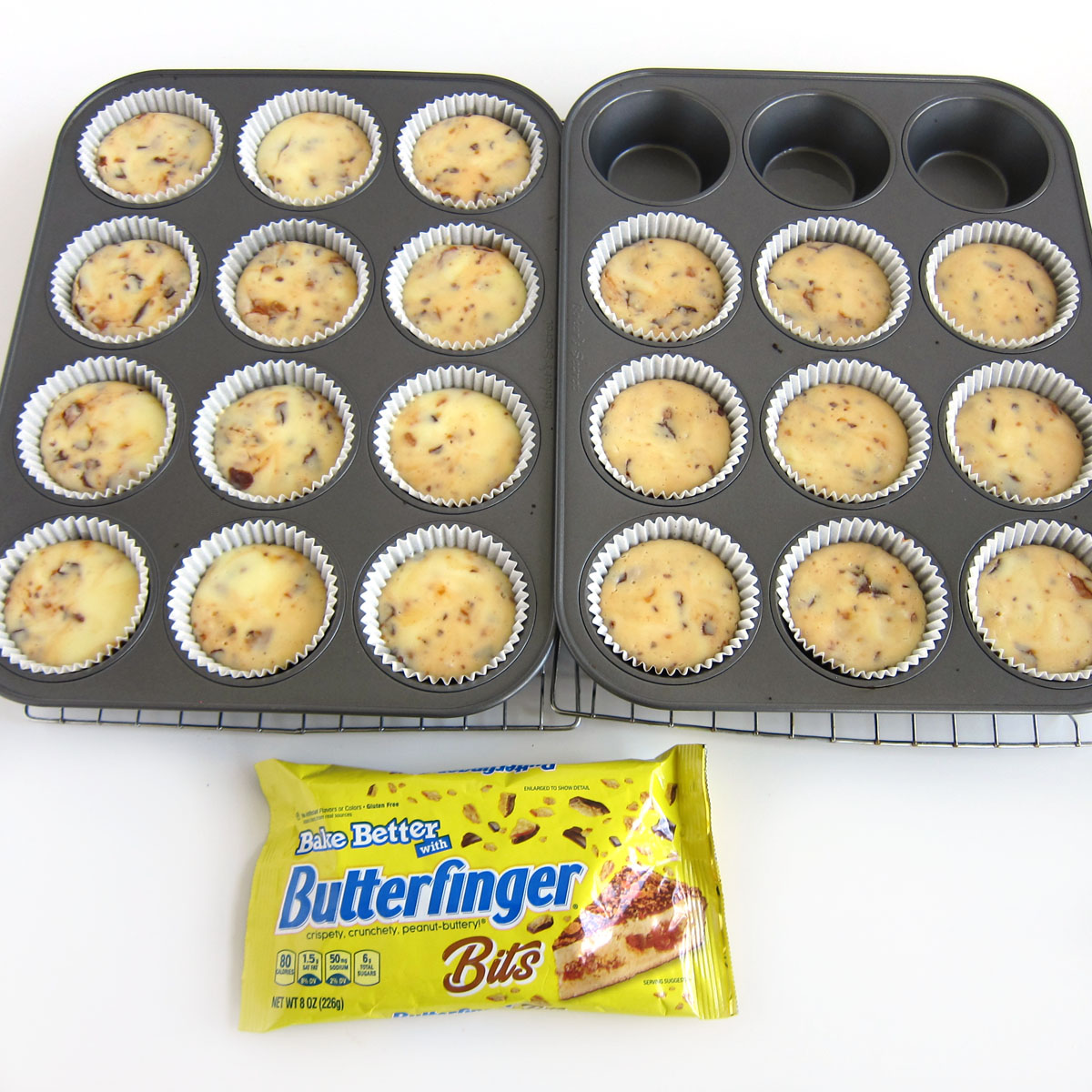 Mini Butterfinger Cheesecakes baked in a cupcake pan.