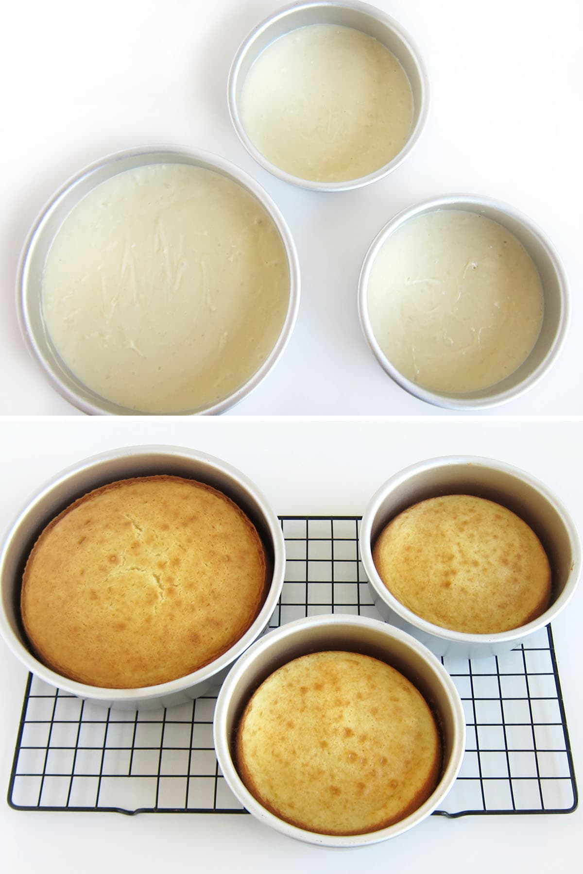 Cake batter in one 8-inch cake pan and two 6-inch round cake pans and baked cakes on a cooling rack.