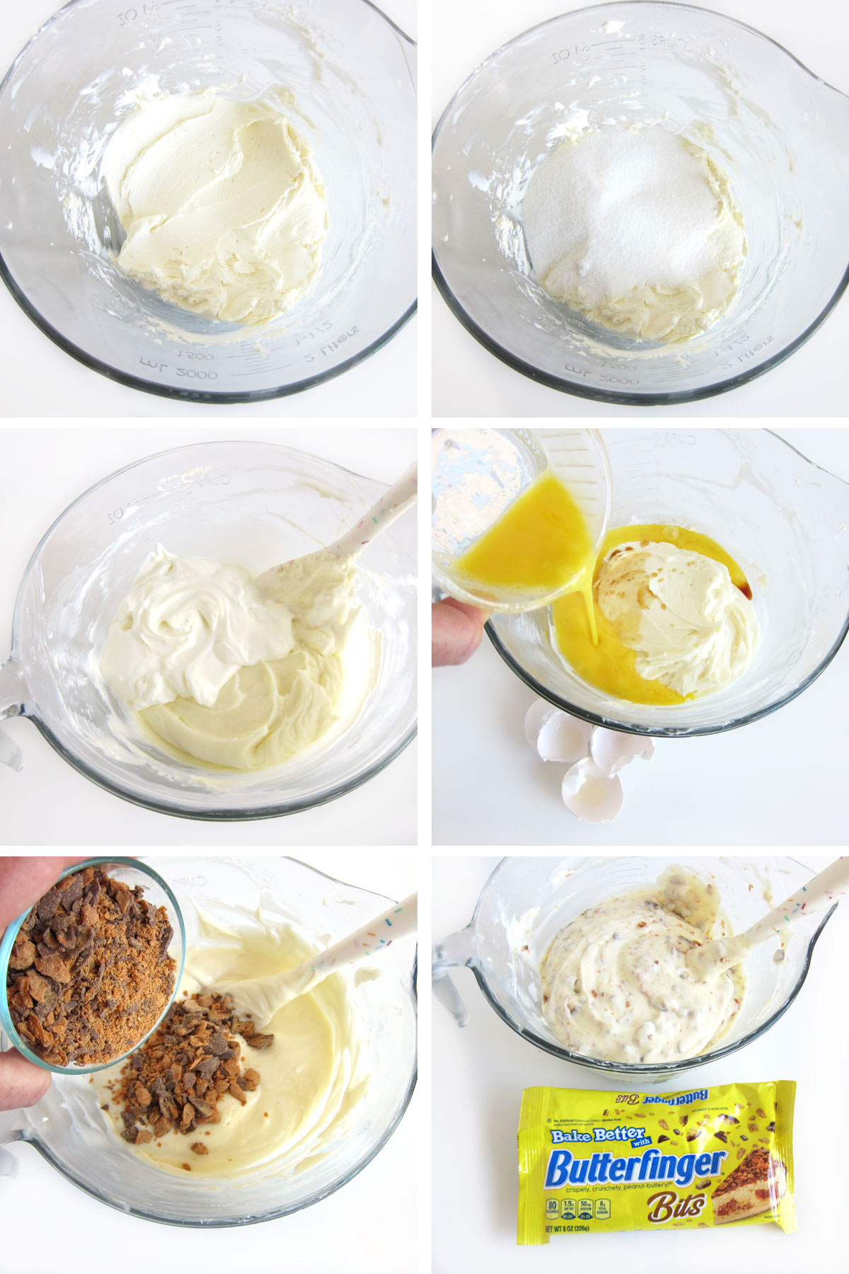 Blend cream cheese, sugar, sour cream, eggs, vanilla, and Butterfinger Baking Bits to make Butterfinger cheesecake filling.