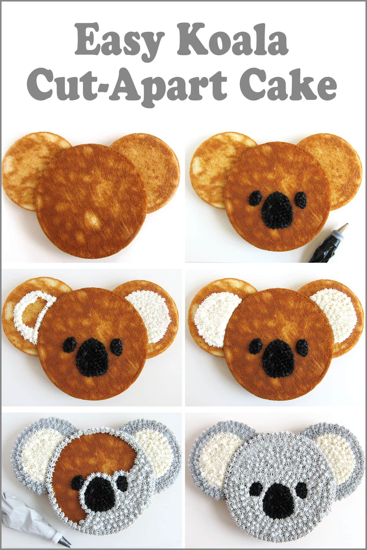 Decorate an easy cut-apart koala cake using white, black, and grey frosting. 