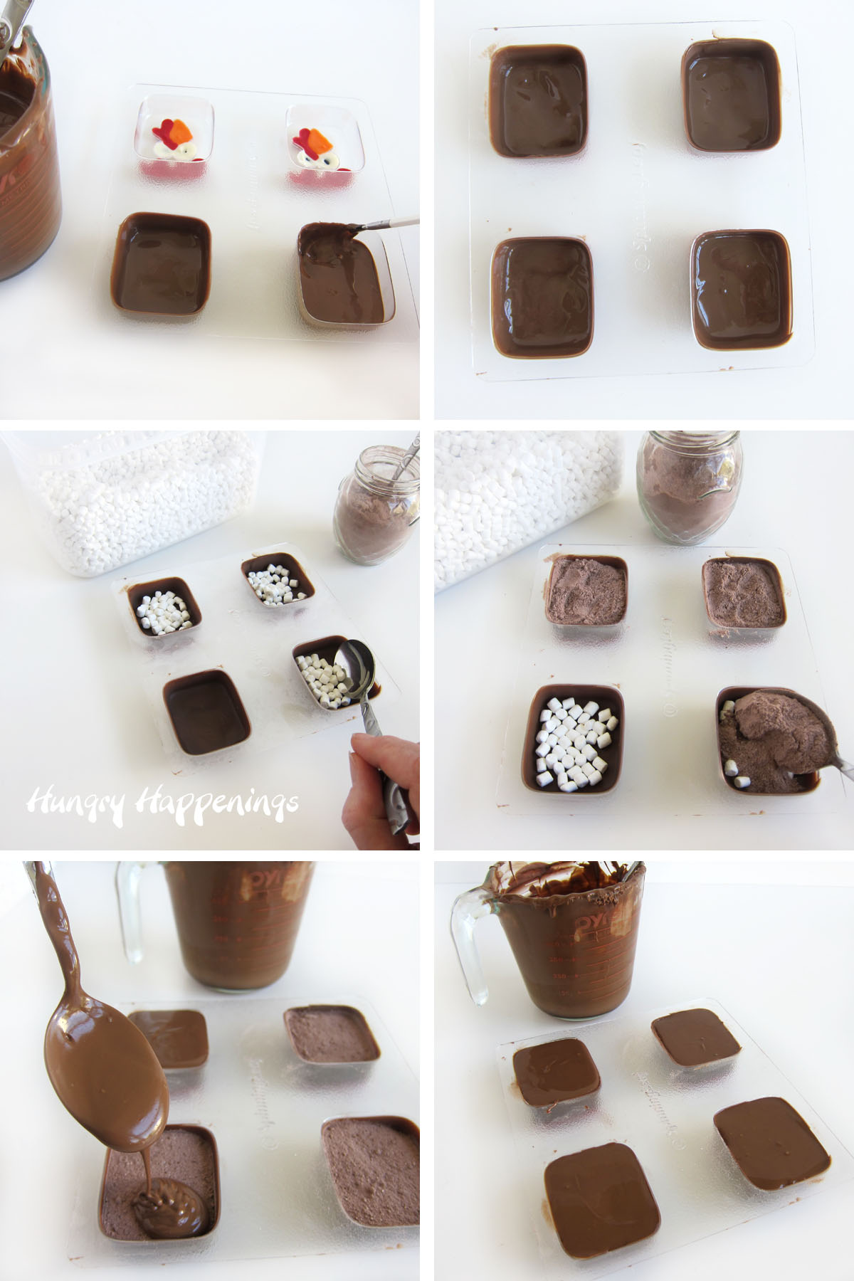 Fill the candy mold with a thick layer of chocolate, then add marshmallows and hot cocoa mix before covering with more chocolate.