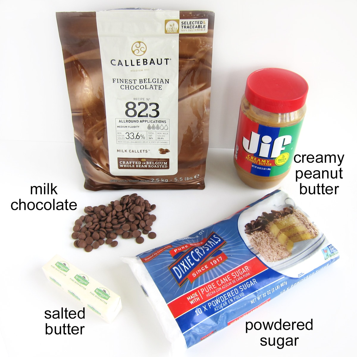 Ingredients to make Giant Reese's Cups including Callebaut Milk Chocolate, Jif Peanut Butter, Kerrygold Salted Butter, and Dixie Crystals Powdered Sugar.