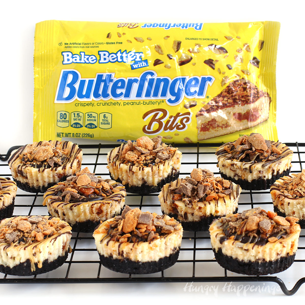 Mini cheesecakes baked and topped with Butterfinger Baking Bits.