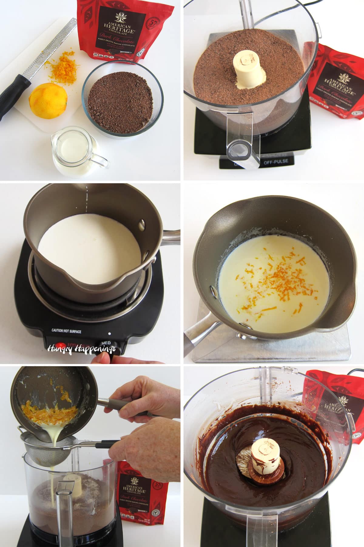 How to make orange chocolate ganache using Heritage Chocolate, heavy whipping cream, and orange zest.