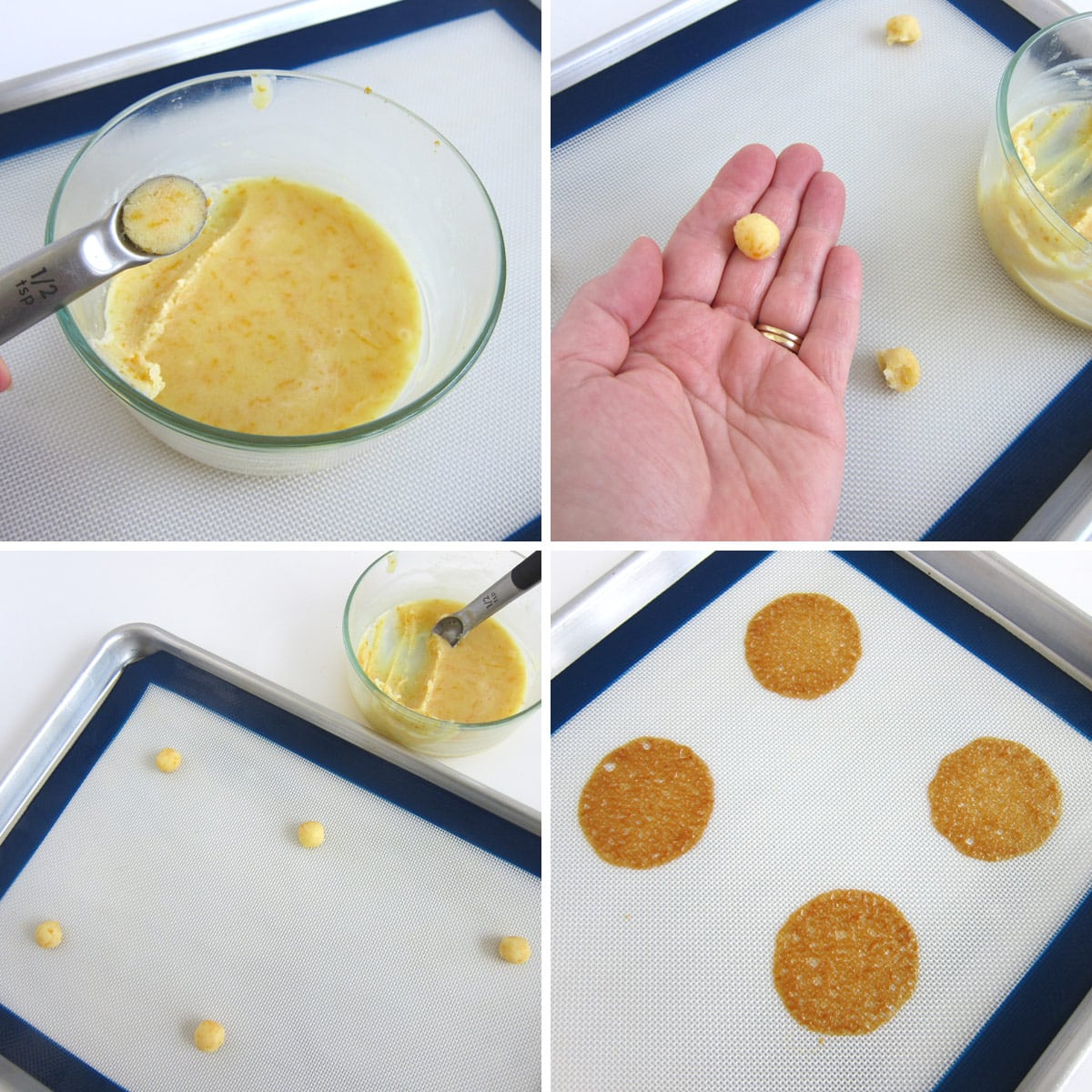Scoop and roll orange tuile cookie dough then bake on a silicone mate to create lace cookies.