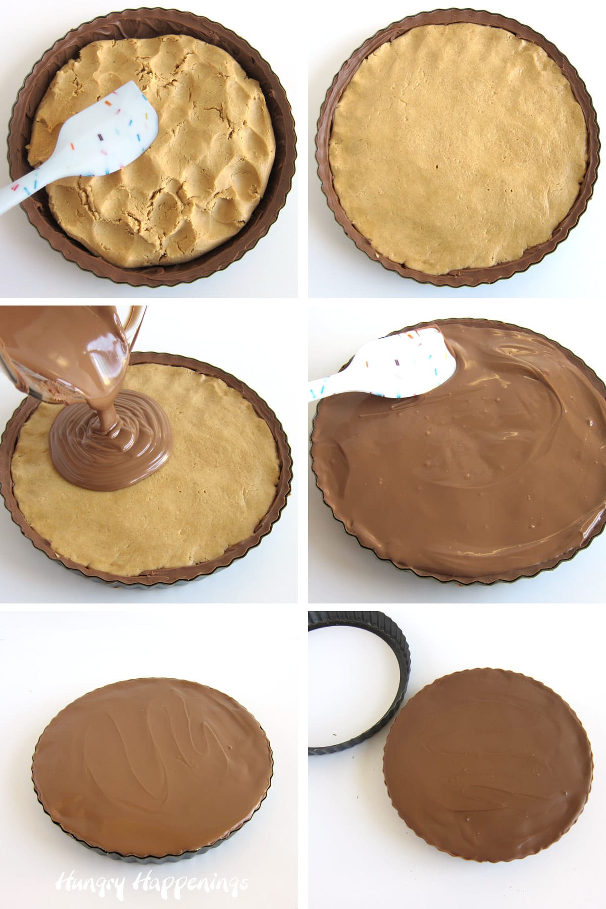 Spread peanut butter fudge into the chocolate shell then spread more chocolate over the top.