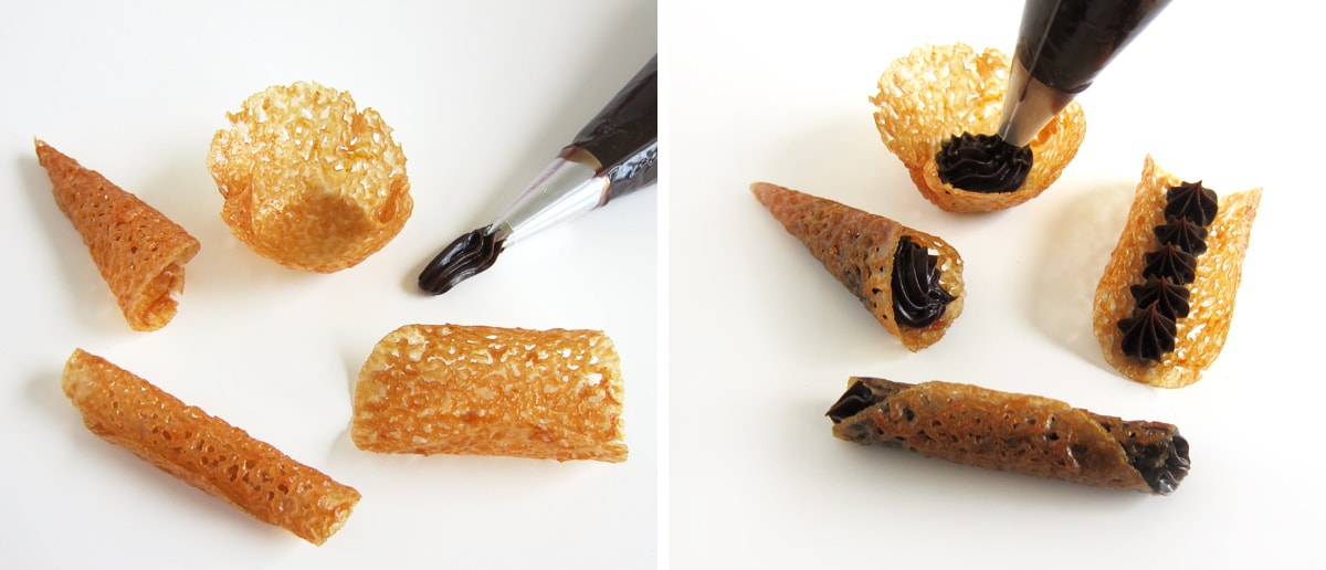 Pipe orange chocolate ganache into cone-shaped tuile cookies and tube-shaped lace cookies.