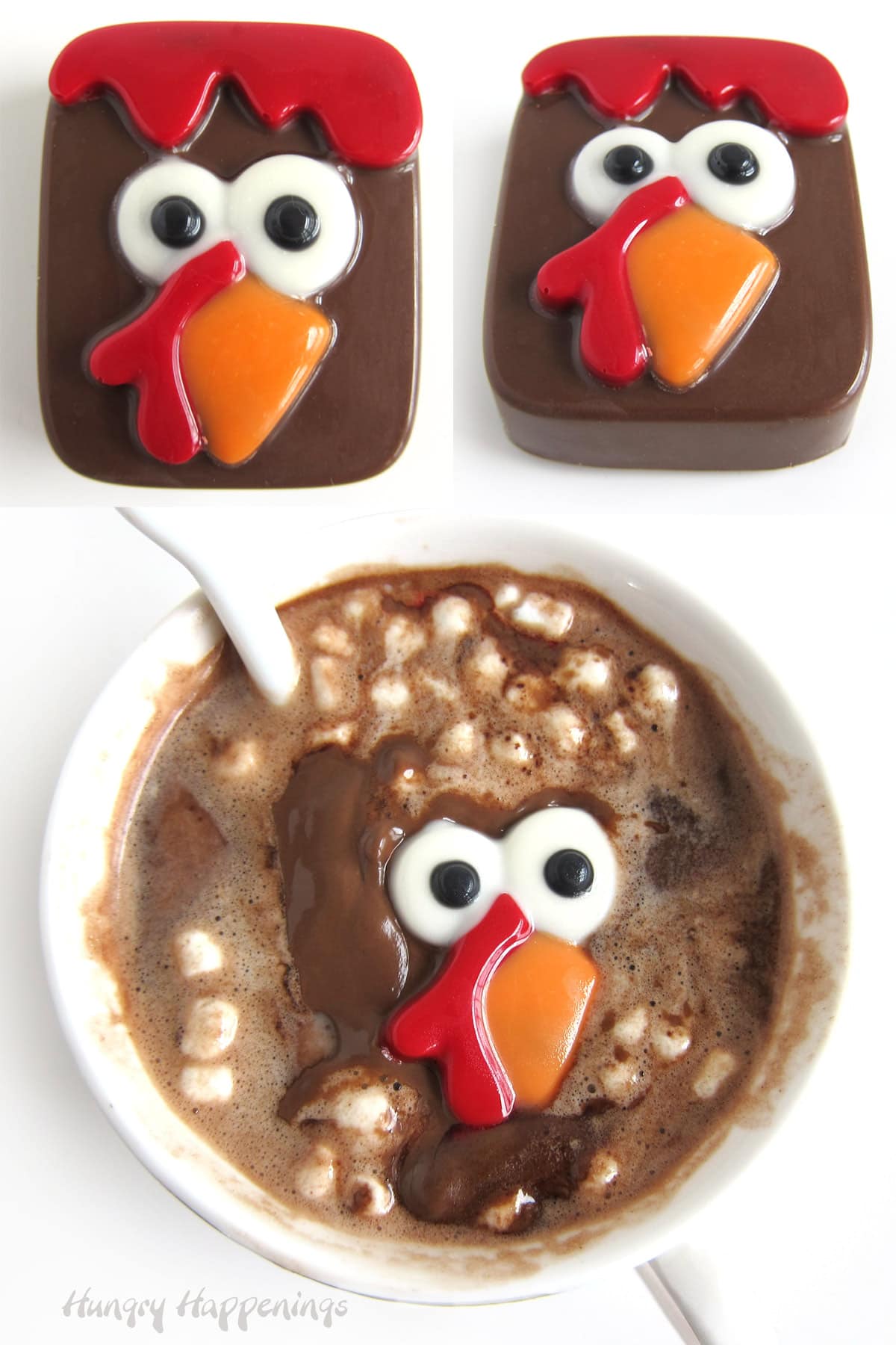 Thanksgiving hot chocolate bomb turkeys melting in a mug of hot milk.