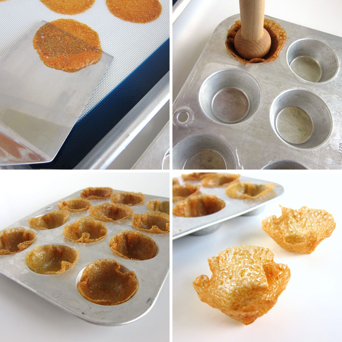 Form hot tuile lace cookies into cups using a mini muffin cup and wooden pie stamper.