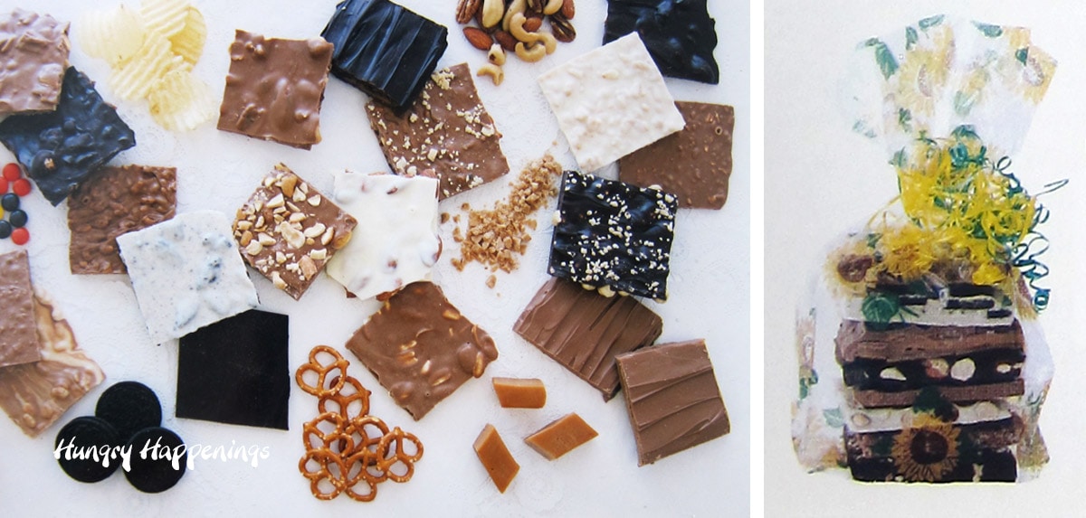 Chocolate Bark Cut into squares and packaged in a clear cellophane bag.