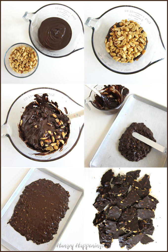 Stir peanuts into melted chocolate then spread it on a parchment paper-lined pan to create chocolate peanut bark. 