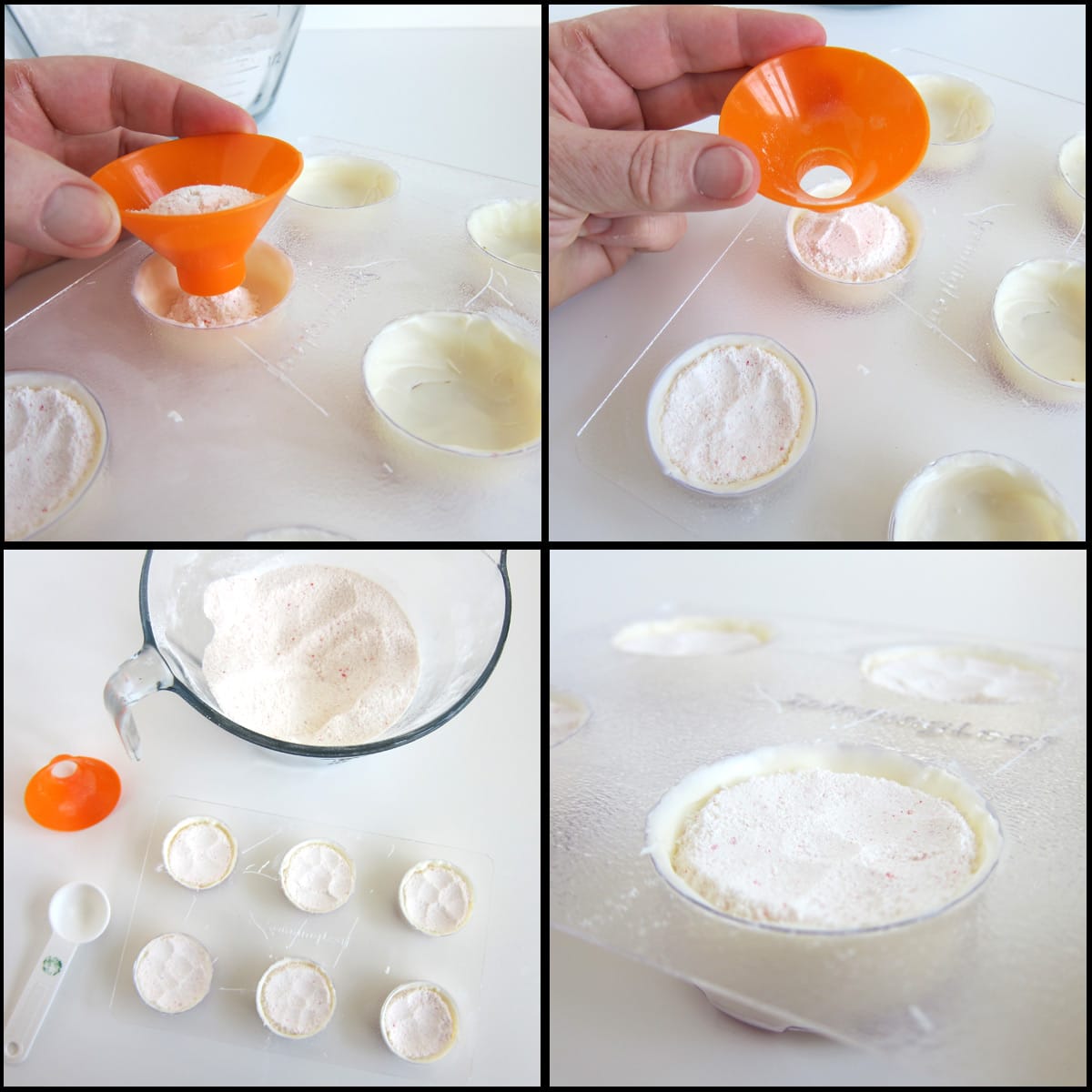 Fill the white chocolate shells with peppermint hot cocoa mix.