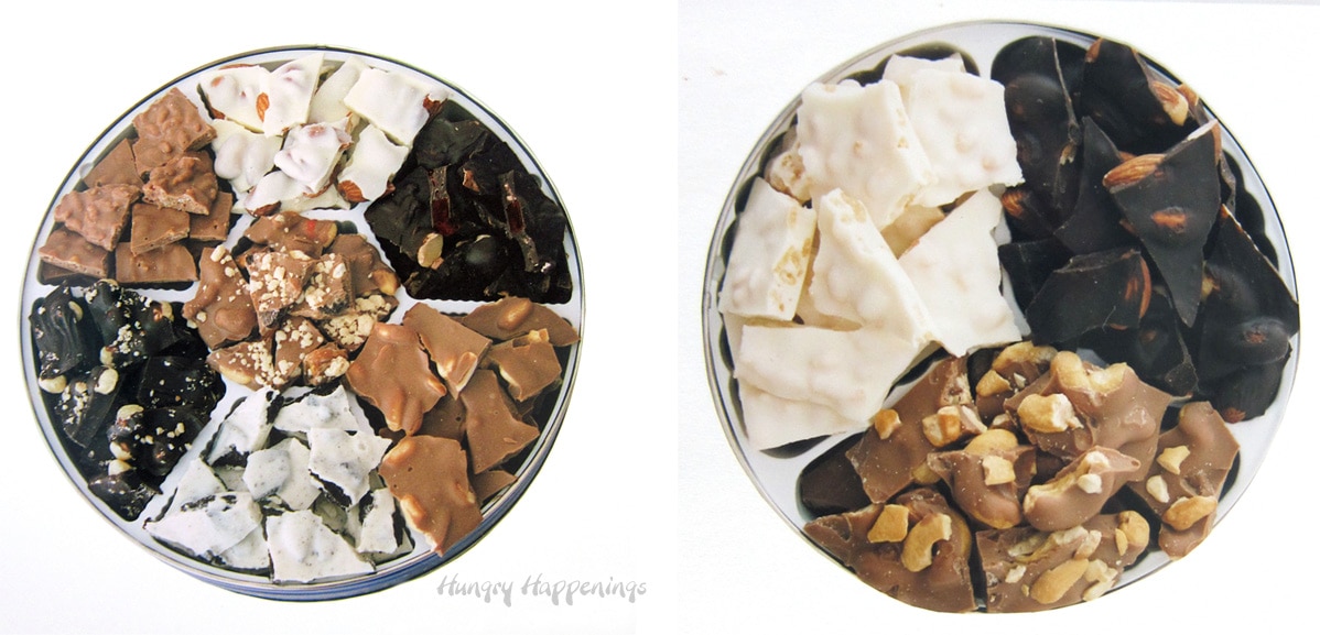 Homemade chocolate bark broken into small pieces and arranged in a metal cookie tin.