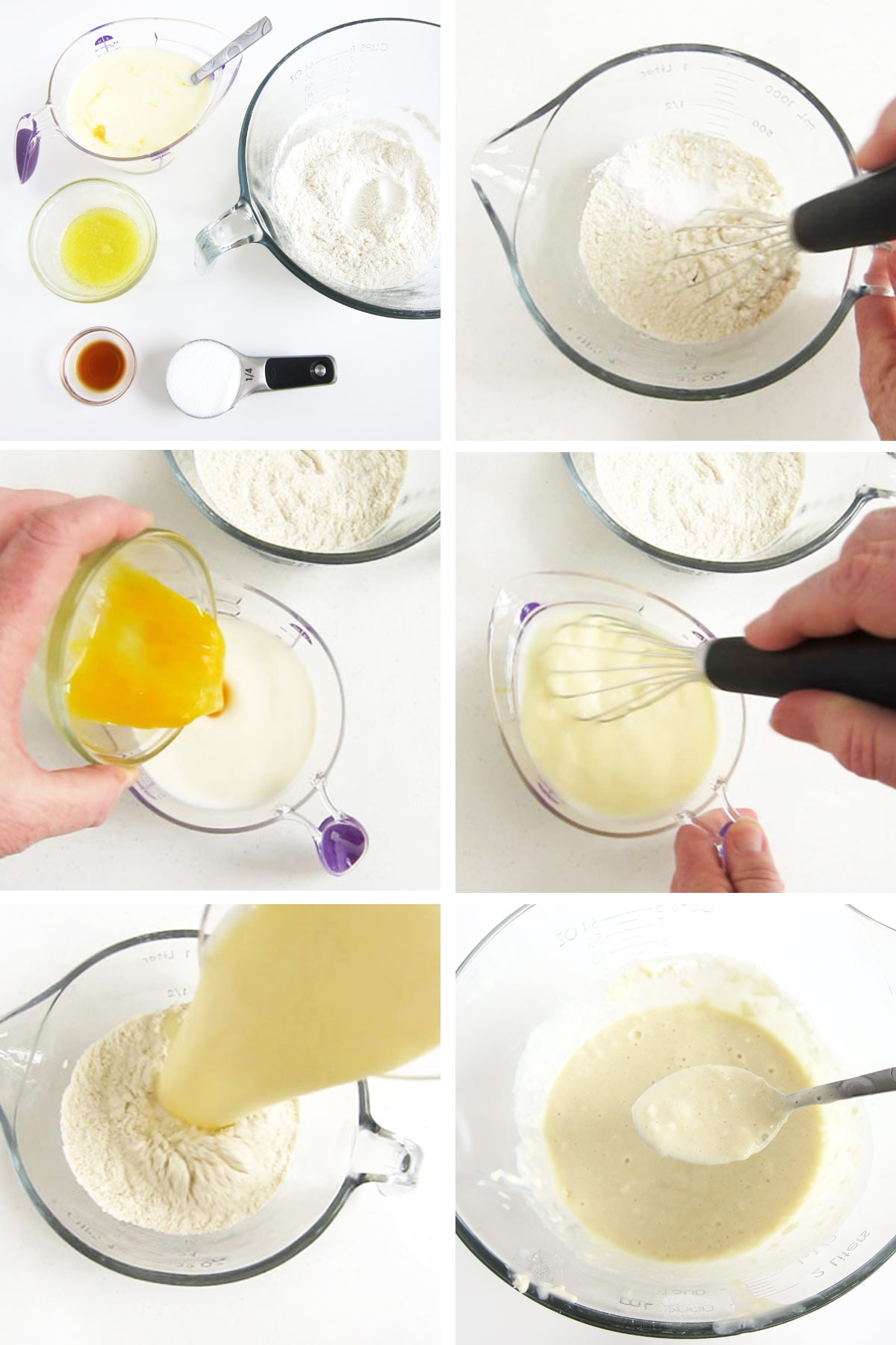 Making pancake batter by blending, flour, salt, baking powder, baking soda, buttermilk, egg, vanilla, sugar, and melted butter.