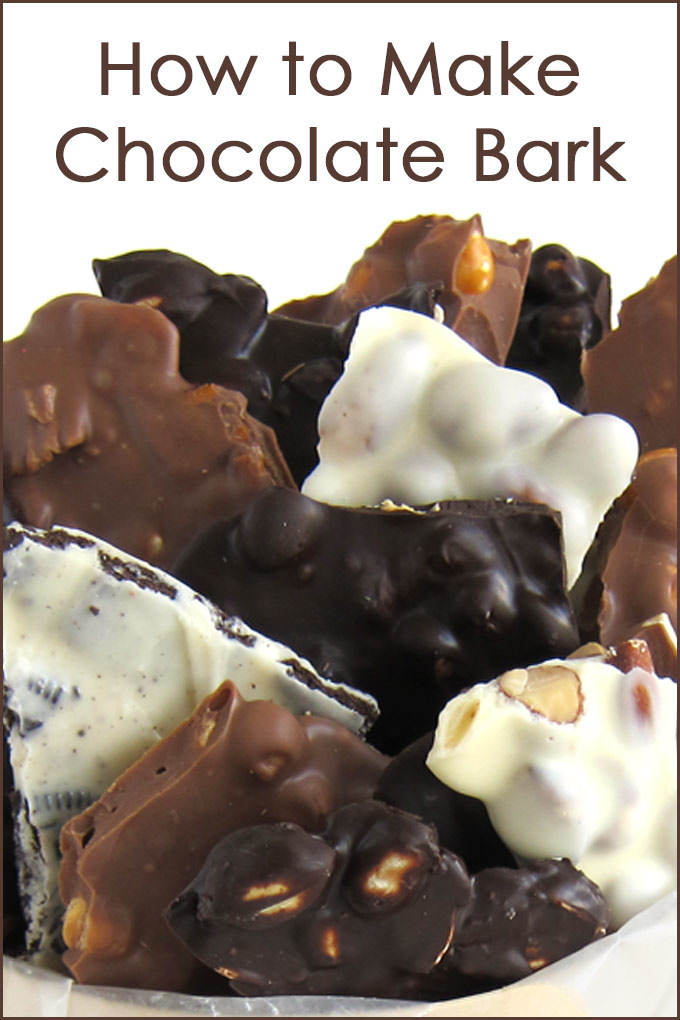 Milk, dark, and white chocolate bark filled with nuts, cookies, toffee, pretzels, and more.