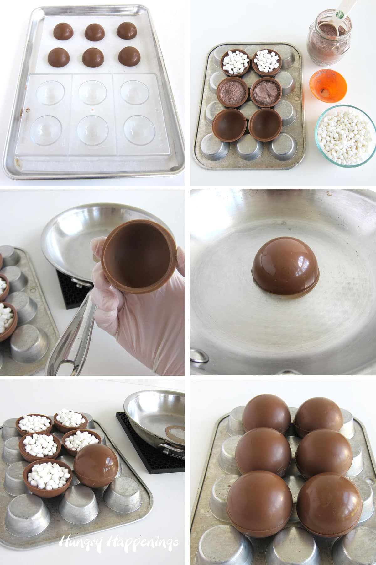 Fill milk chocolate shells with hot cocoa mix and marshmallows, then melt the top edge and seal two chocolate shells together to form a ball.