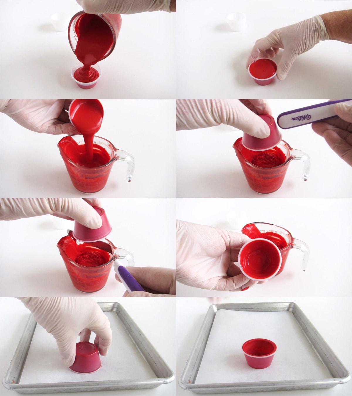 Create red candy cups by pouring red candy melts into a plastic cup then dumping out the excess.