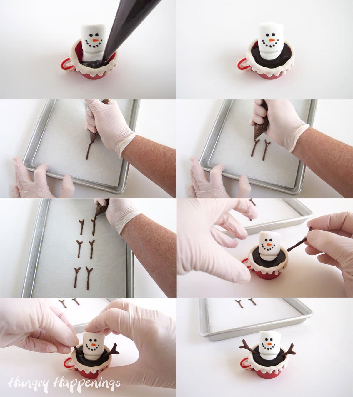 Fill the chocolate cocoa mugs with chocolate ganache then attach chocolate arms to the marshmallow snowman.