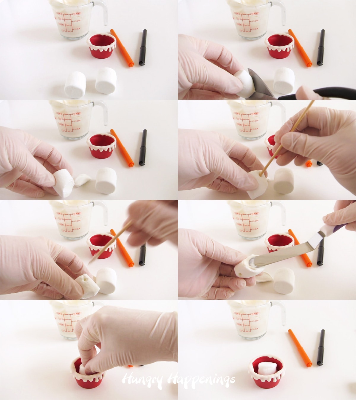 Cut a marshmallow on an angle then attach it to the red candy cups using candy melts.
