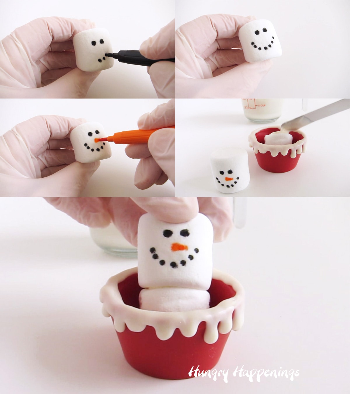 Drawing a face onto a marshmallow snowman using a food coloring marker.