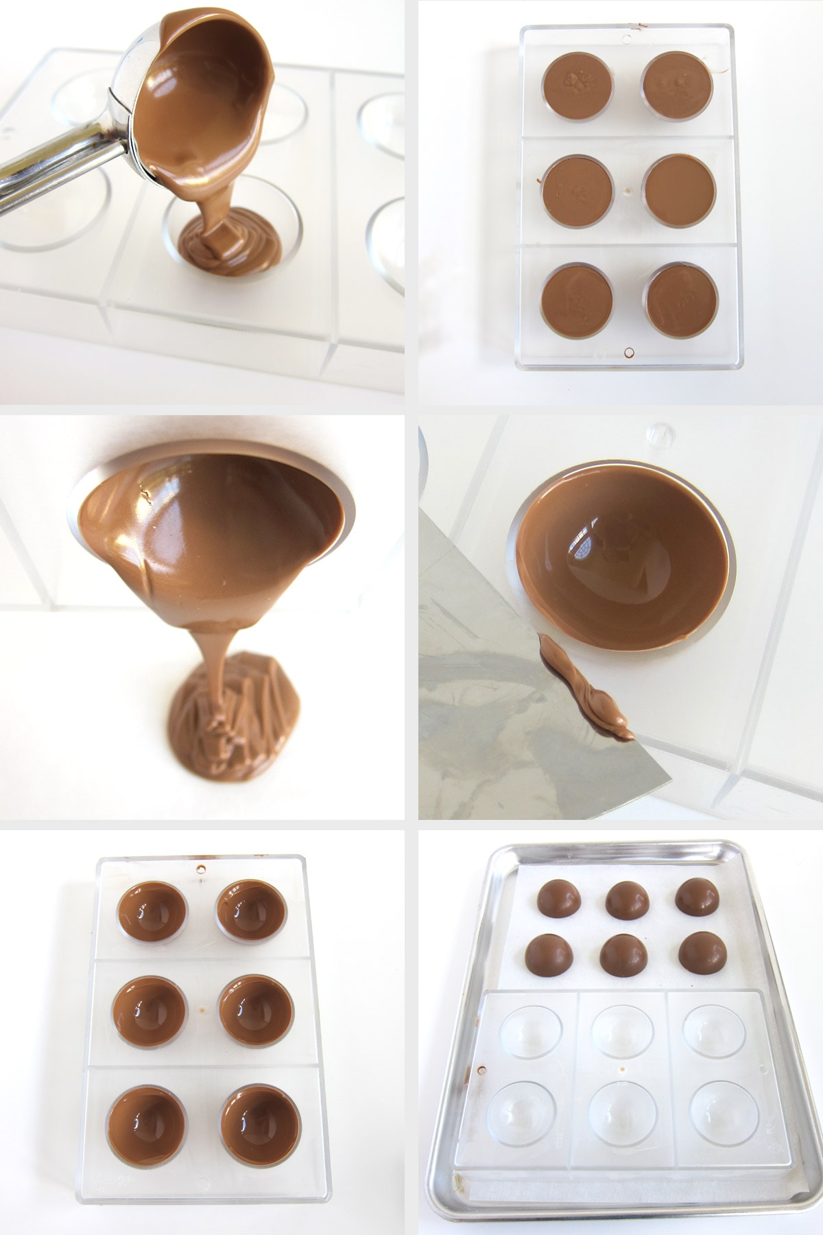 Fill half-sphere molds with milk chocolate, then drain out excess, chill, then un-mold to make hot chocolate bombs.