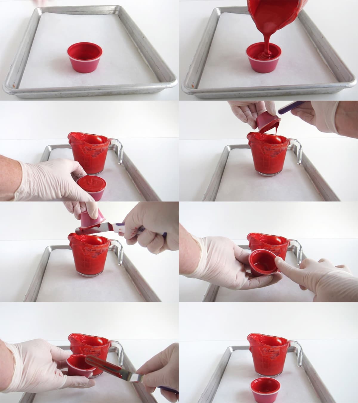 Create a second chocolate layer by pouring more red candy melts into the candy cup, dump out the excess. then freeze until hardened.