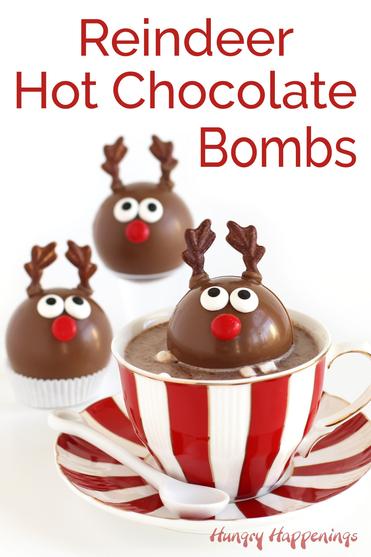 Reindeer Hot Chocolate Bombs in a candy cane striped mug.