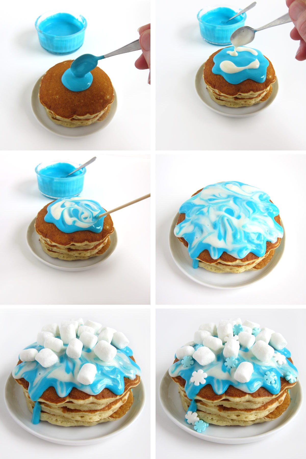 Frosting a stack of pancakes with a swirl of blue and white icing and topping it with marshmallows and snowflakes.