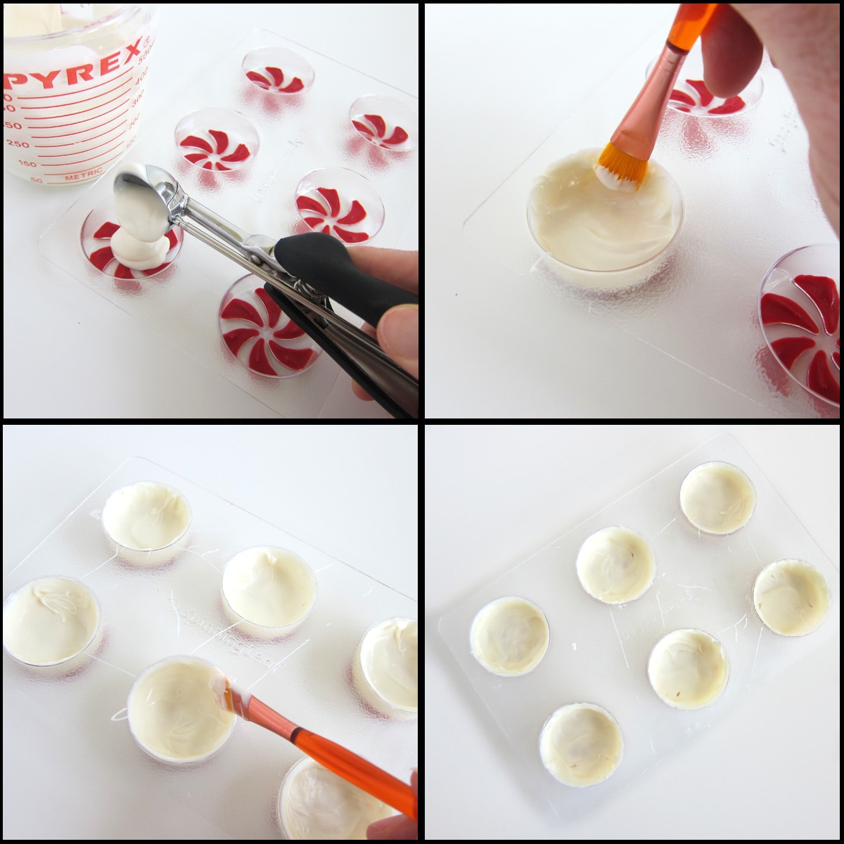 Spoon then brush white chocolate over the bottom and up the sides of the starlight mint molds.