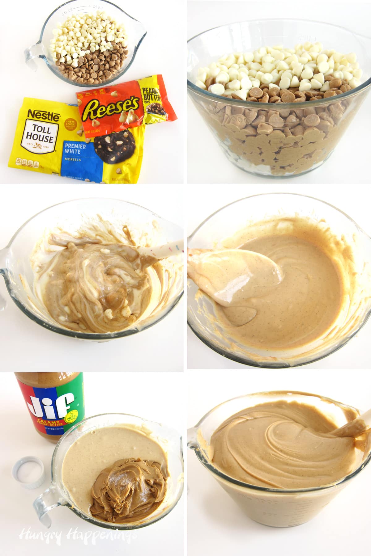 Melt white chocolate chips and peanut butter chips then mix in salt and peanut butter to make easy peanut butter fudge.