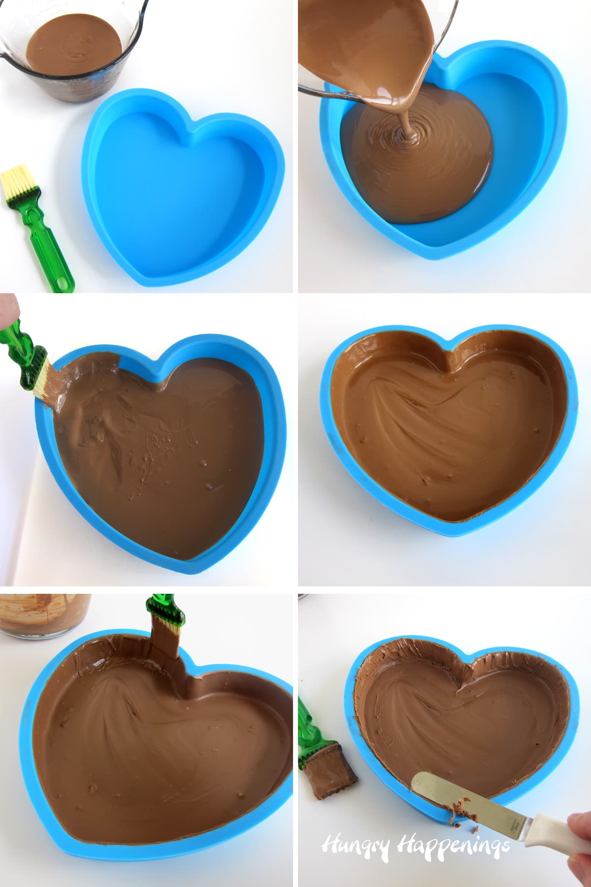 pour milk chocolate into heart-shaped silicone cake pan to create a thin shell