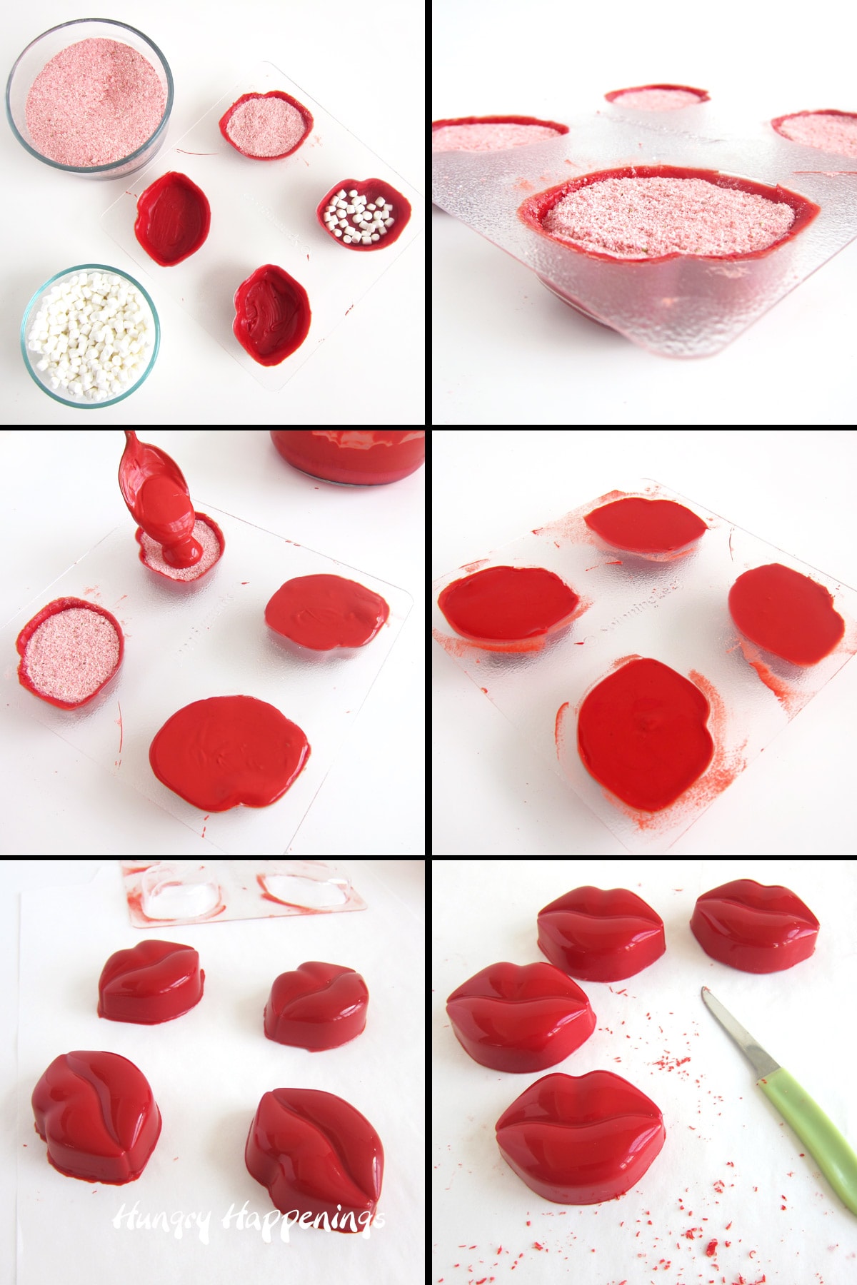 fill the red hot chocolate bomb lips with strawberry hot cocoa mix and dehydrated marshmallows, then cover with more red candy melts, harden, and unmold