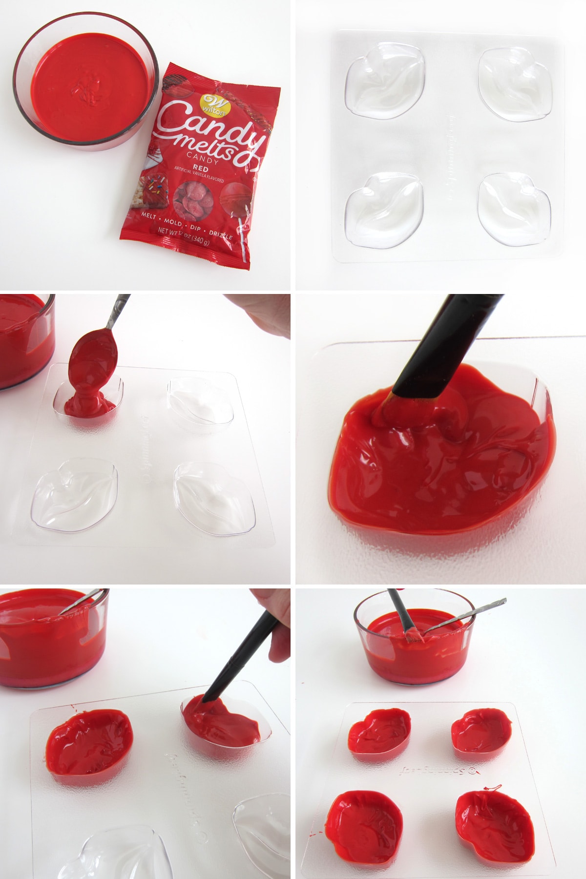 Paint red candy melts into a Spinning Leaf lips candy mold to create a thin shell.