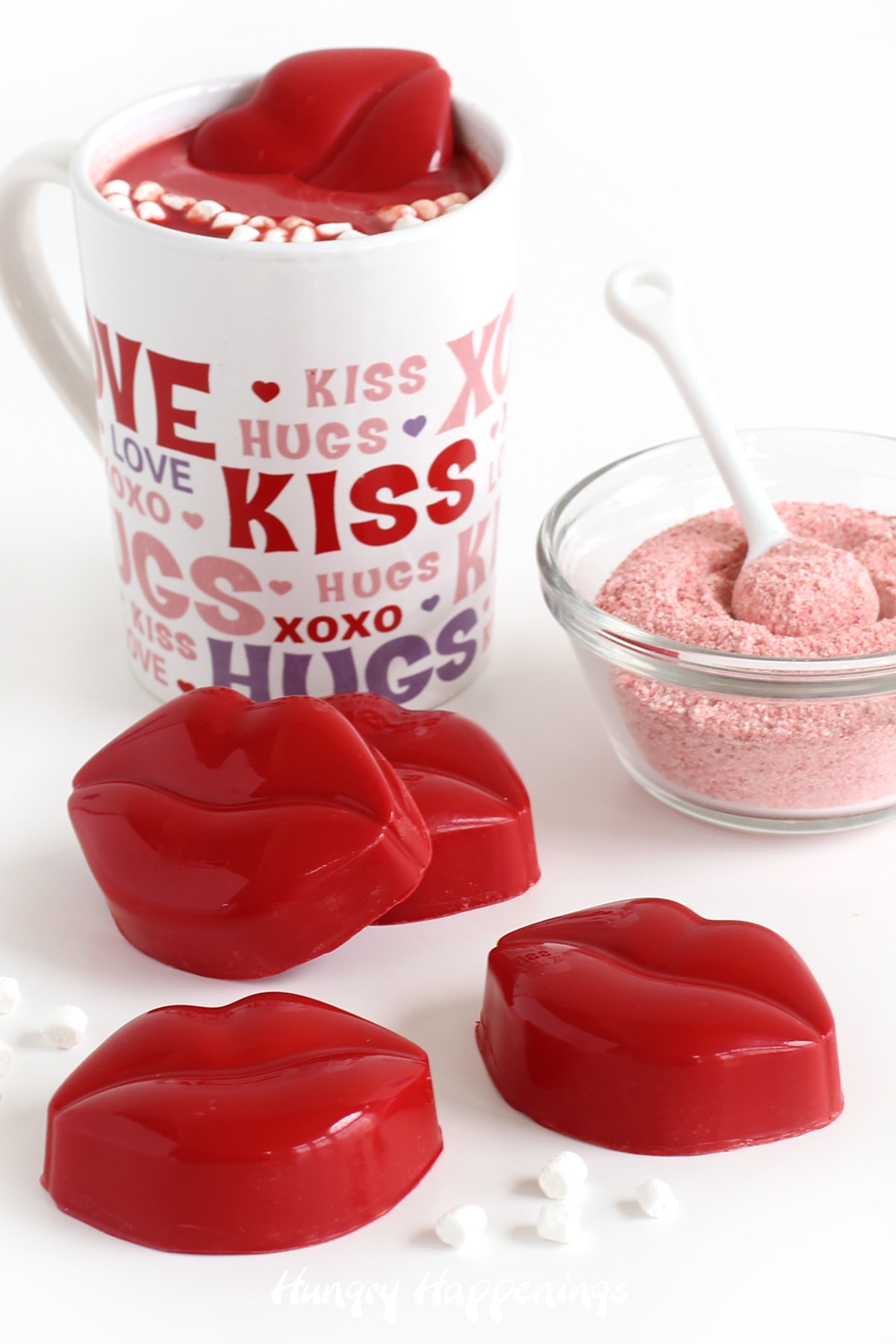 Valentine's Day hot chocolate bomb lips with strawberry hot cocoa mix and mini marshmallows.