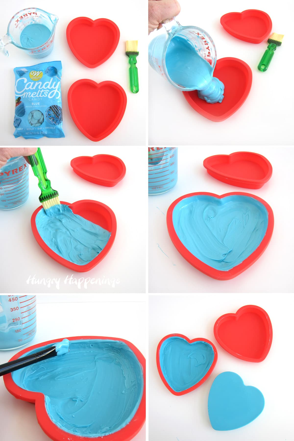 pour melted blue candy melts into silicone heart mold brushing it over the surface and up the sides