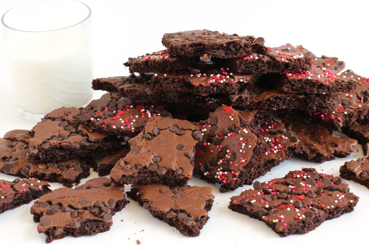 Valentine's Day brownie brittle served with a glass of milk