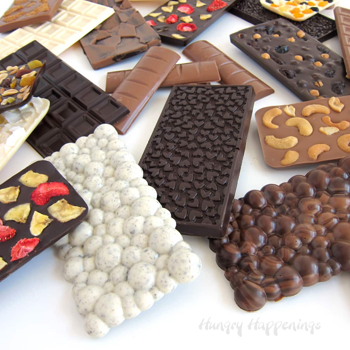 handmade white chocolate, dark chocolate, and milk chocolate candy bars