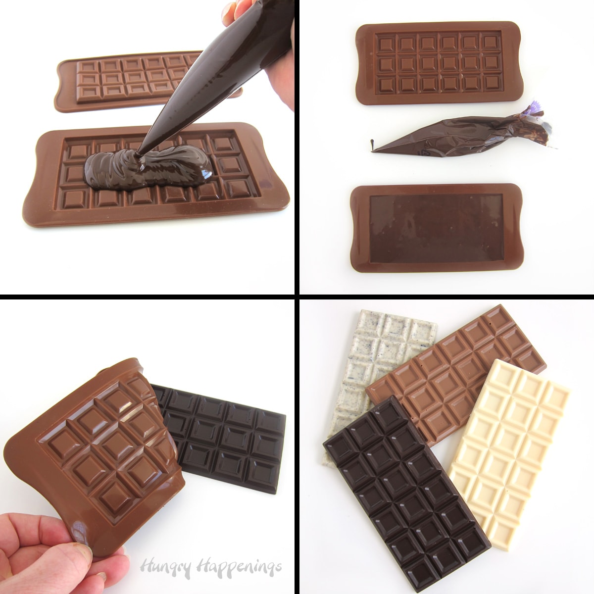 pipe chocolate into a silicone candy bar mold, chill to harden, then unmold the chocolate bars