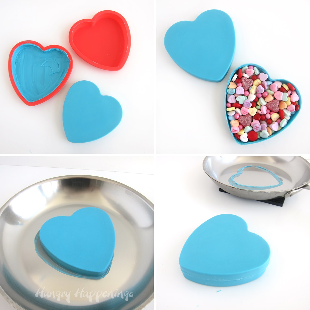fill white chocolate heart box with Valentine's Day candy then, melt the top edge of one half and seal the two halves together