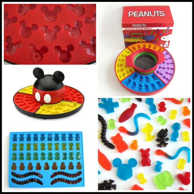 collage of images including silicone gummy candy molds, gummy candy makers, and gummy candies