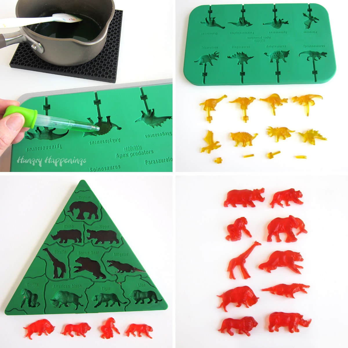 making dinosour gummies and African animal gummies using Apex preditors silicone candy molds