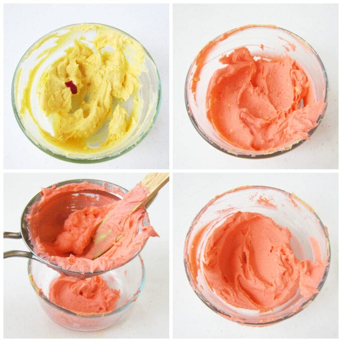 color deviled egg filling with pink food coloring then press the mixture through a seive to smooth it out
