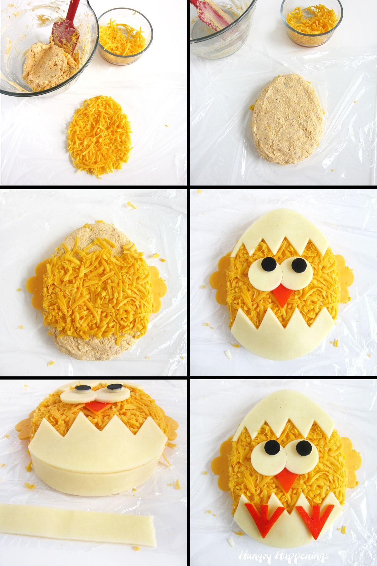 egg-shaped cheese ball decorated with mozzarella cheese egg shell and eyes and cheddar cheese wings, beak and feet