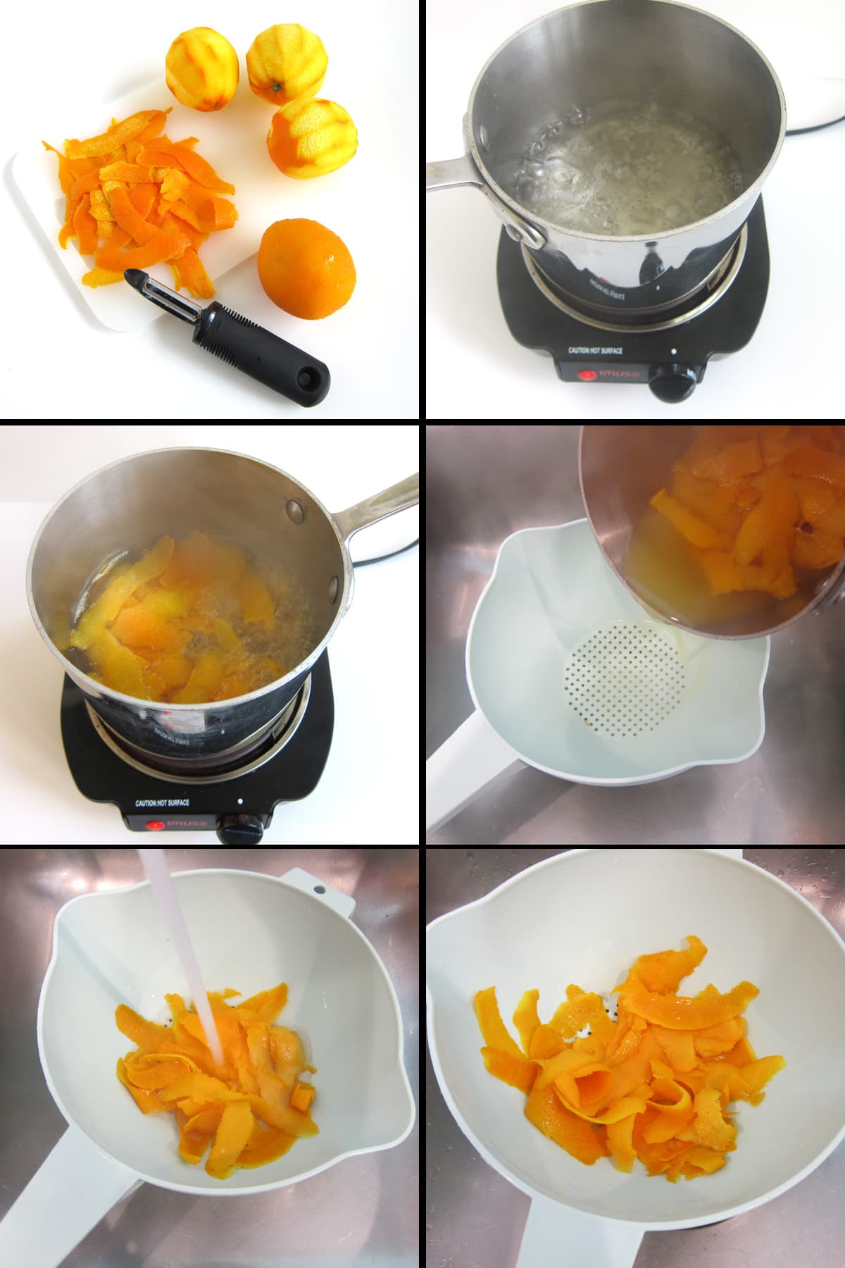 blanch orange peel in boiling water to prepare to make candied orange peel