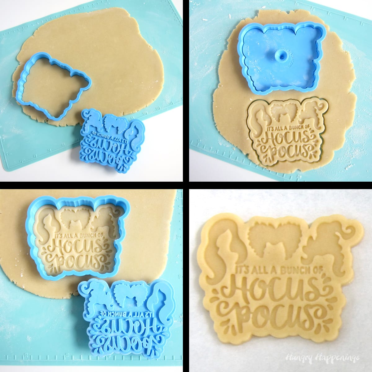 cut out Hocus Pocus cookies using a cookie cutter and cookie stamp