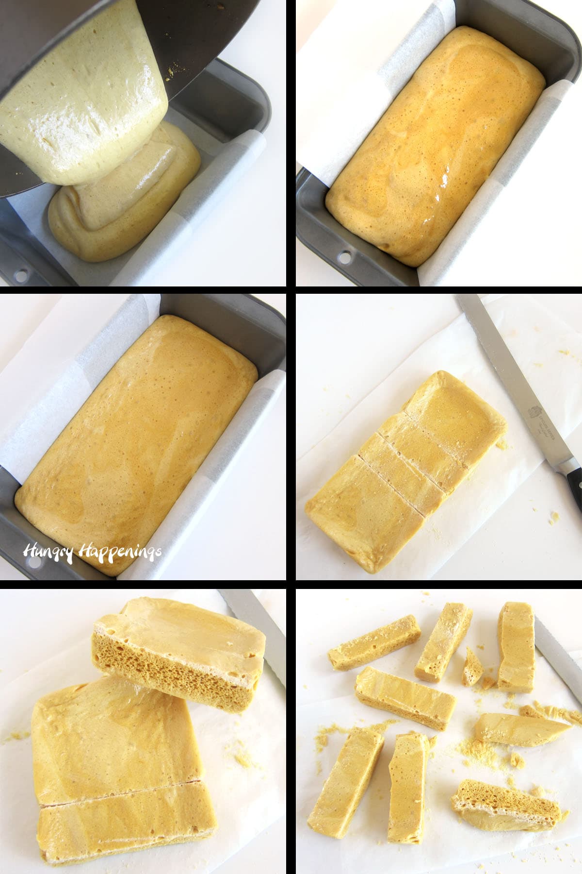 pour honeycomb candy into pan then cut into candy bars
