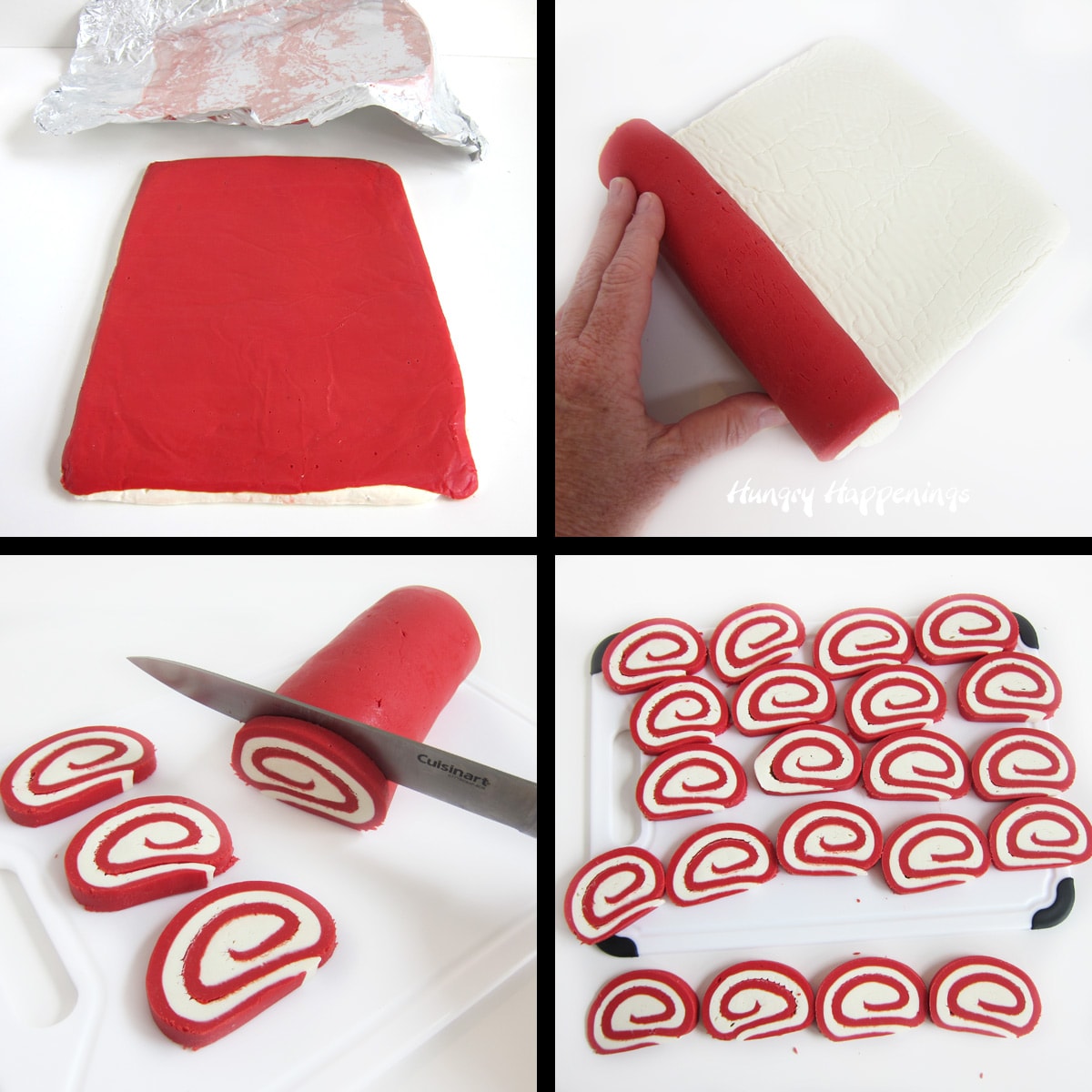 rolling the red and white fudge pinwheels