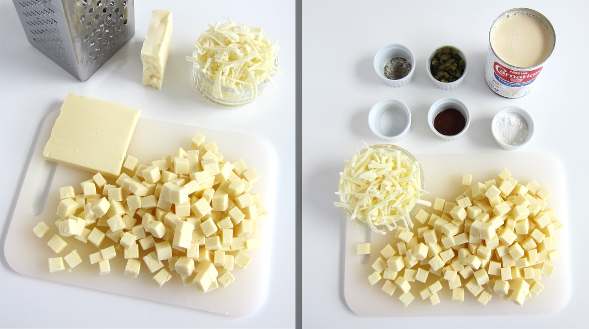White queso dip ingredients including cubes of white cheddar cheese and shredded mozzarella cheese.